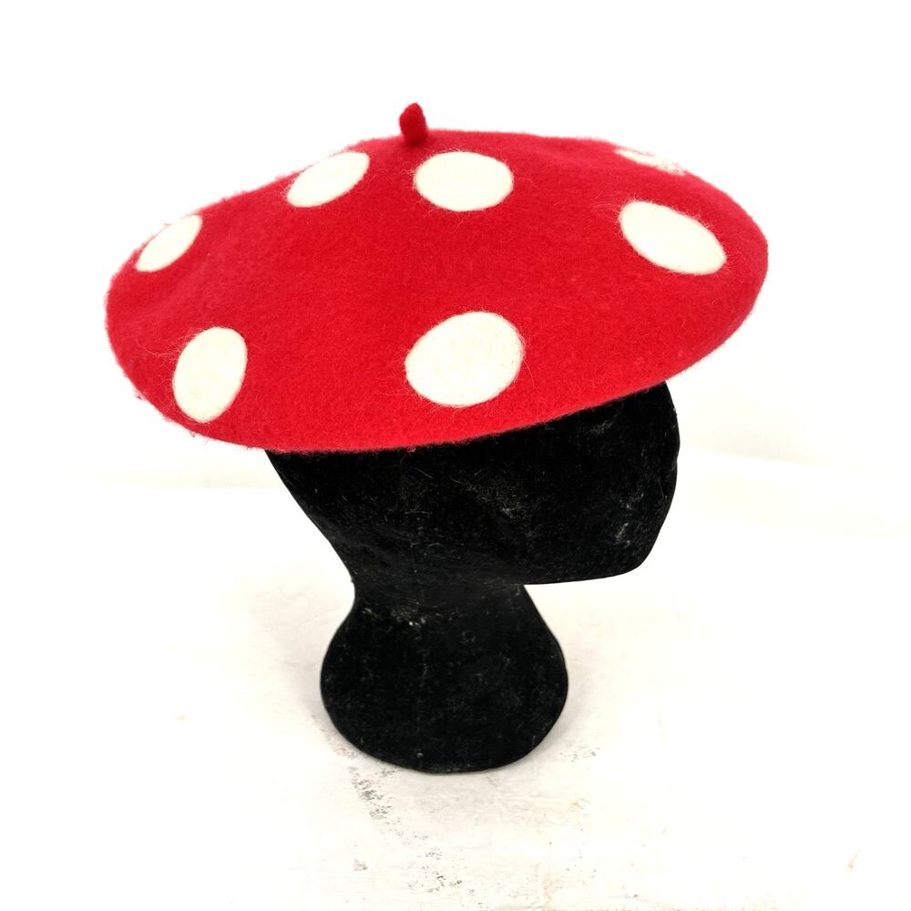 Wool Mushroom Toadstool Beret Red And White